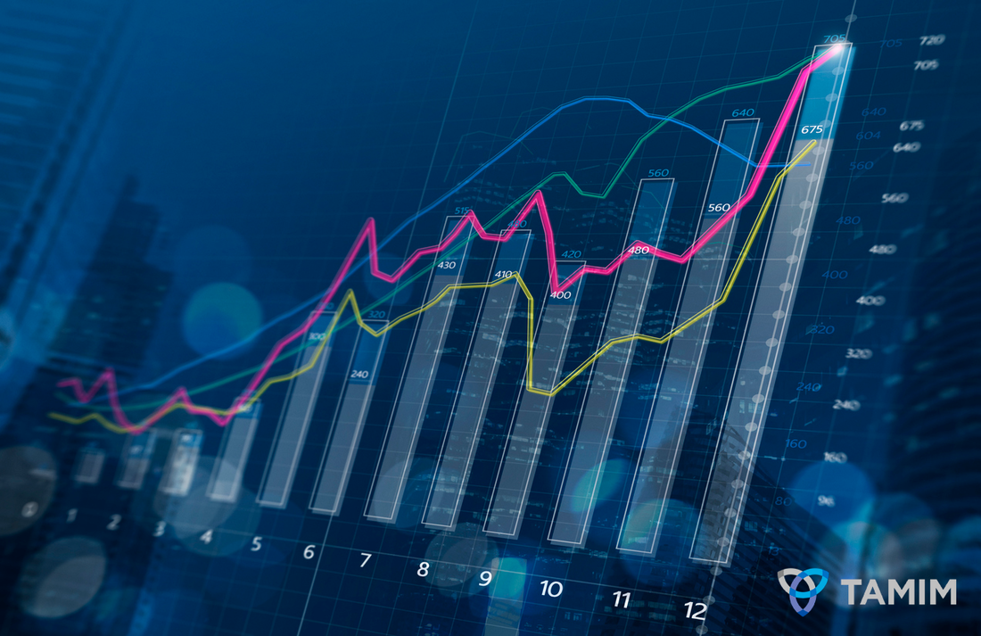 Business growth, progress or success concept. Financial bar chart and growing graphs with depth of field on dark blue background.