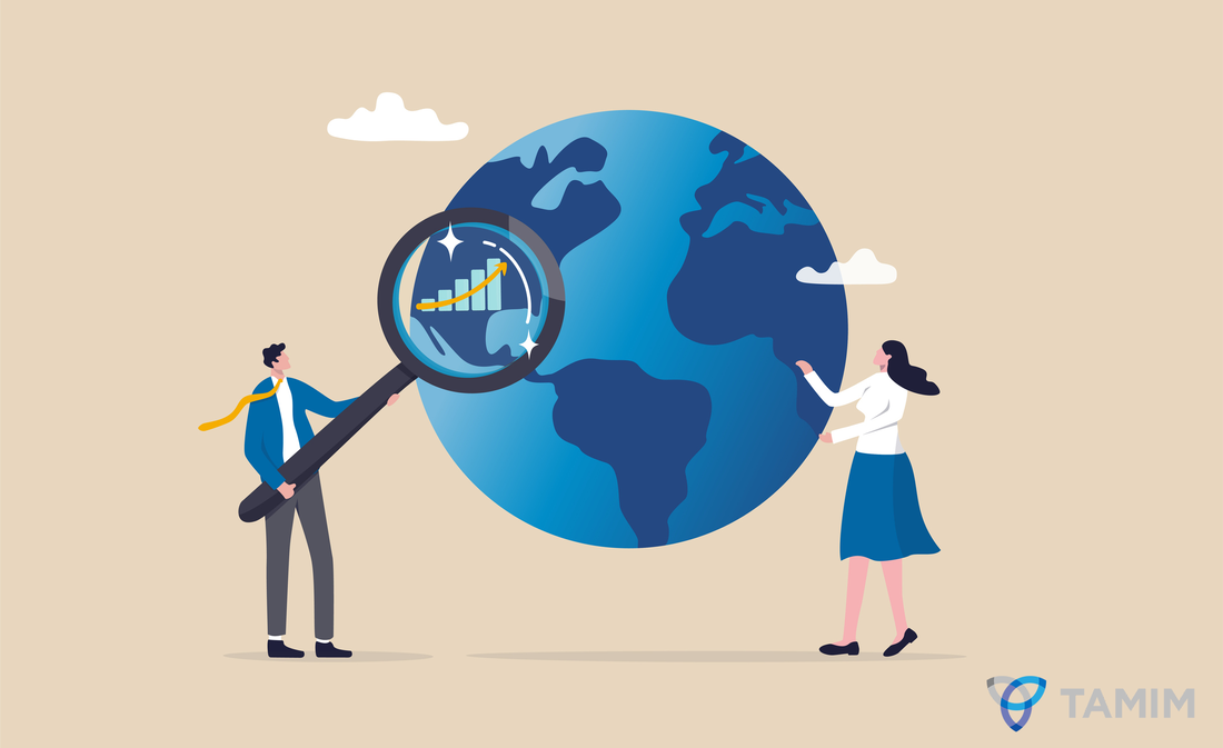World economic analysis, global investment or international business opportunity research, forecast and analyze financial information concept, businessman with magnifier on globe with chart and graph.