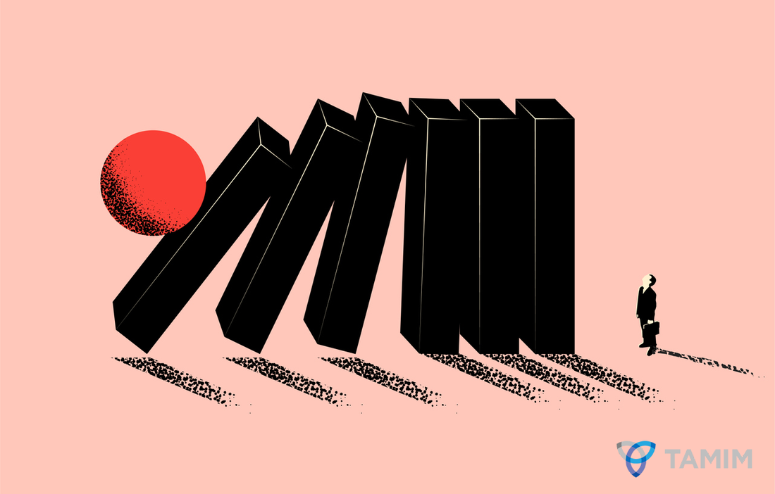 Conceptual business illustration of upcoming business problem metaphor with falling domino and businessman silhouette. Minimalistic vector illustration stock illustration