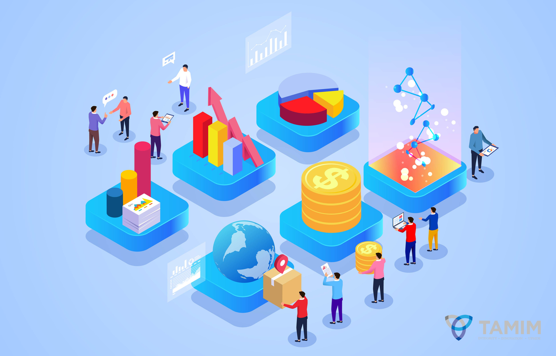 Business data and analytics, analysis of stocks and funds on exchange, stock market tracking investment index trading in real time, isometric group of businessmen analyzing and discussing business data stock illustration