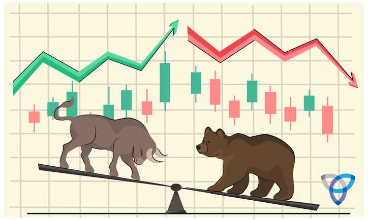 A representation of the superiority of bulls over bears in the struggle for an uptrend, on scales as illustration of the stock market. a graph with up down arrow cryptocurrency stock exchange.